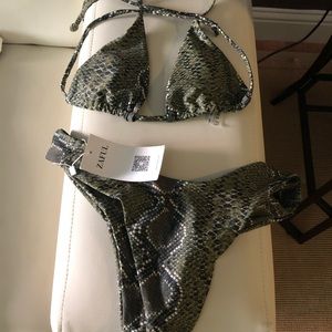 Green snake print high cut bikini